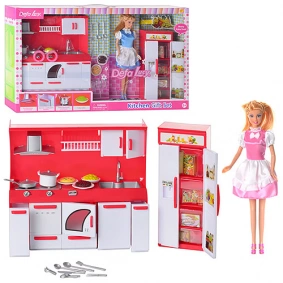 Кукла DEFA 8085 (12шт) 29см, кухня, мебель, холодильник, посуда,свет,2цвета,бат(табл),кор,60-35-10см