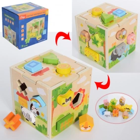 Деревянная игрушка Сортер MD 2809 (12шт) куб, фигурки 15шт, в кор-ке, 15,5-15,5-15,5см