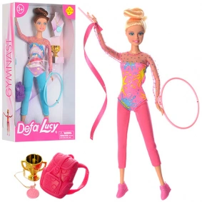 Кукла DEFA 8352 (24шт) гимнастка 29см, рюкзак,обруч, кубок,медаль,2 вида, в кор-ке, 18-32-5см
