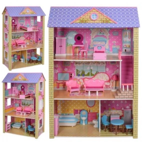 Домик деревянный для куклы, 118*78*36см, 3 этажа, мебель, в кор. 39,5*131*11,5см (1шт)