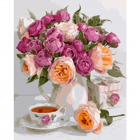 Набір для розпису по номерах "Букет троянд та чашка чаю",  40х50 см з лаком і рівнем TM Strateg